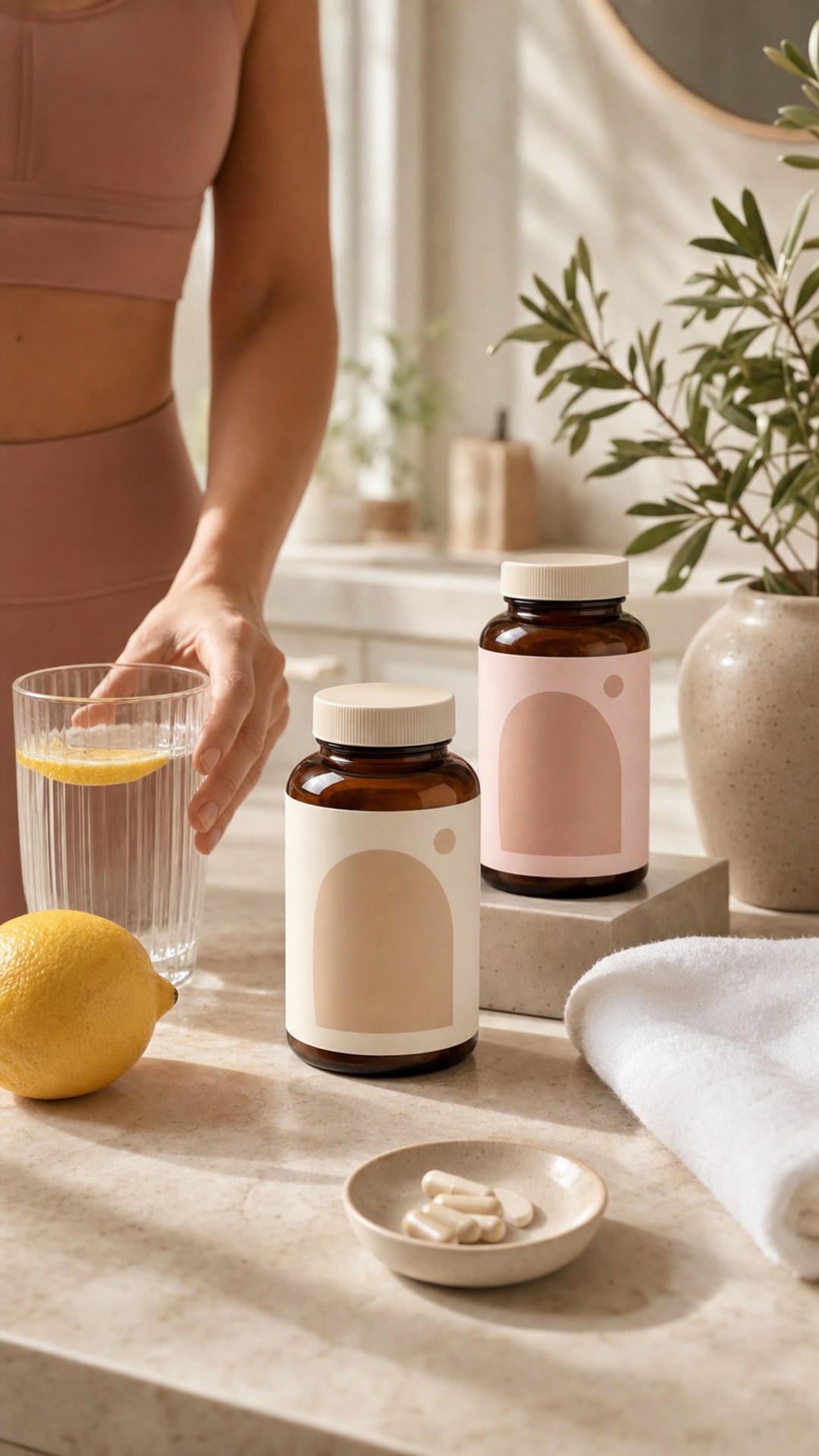 Wellness supplements in warm bathroom setting