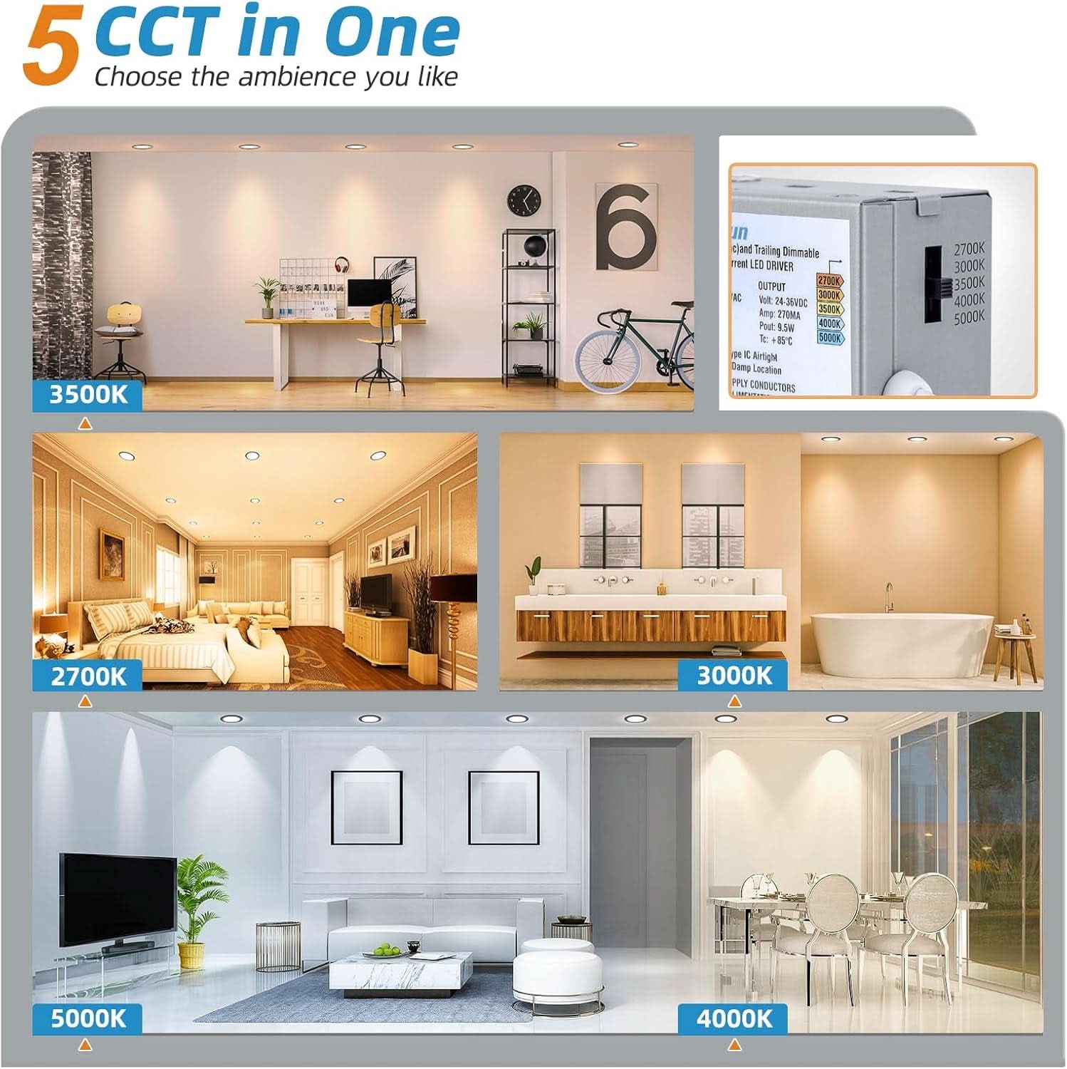 24 Pack 5CCT LED Recessed Downlights Canless Wafer Dimmable ETL Certified 2700K To 5000K