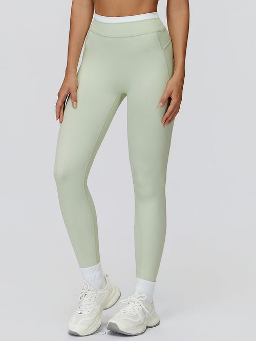 Bare-Feel Contrast Ribbed Leggings in Fresh Mint Green — front view