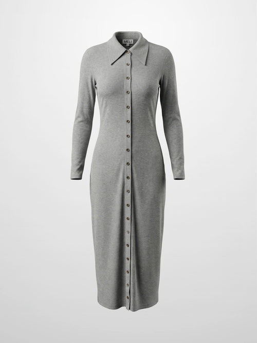 Button-Down Ribbed Maxi Dress in Heathered Grey — button detail close-up