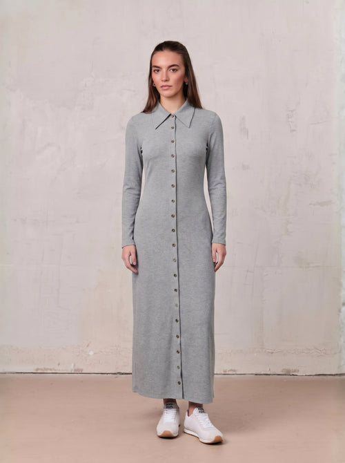 Button-Down Ribbed Maxi Dress in Heathered Grey — front product view