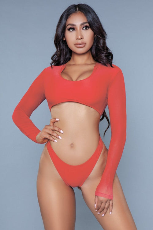 Cardi Long Sleeve Mesh Two-Piece Swimsuit in Red — front view
