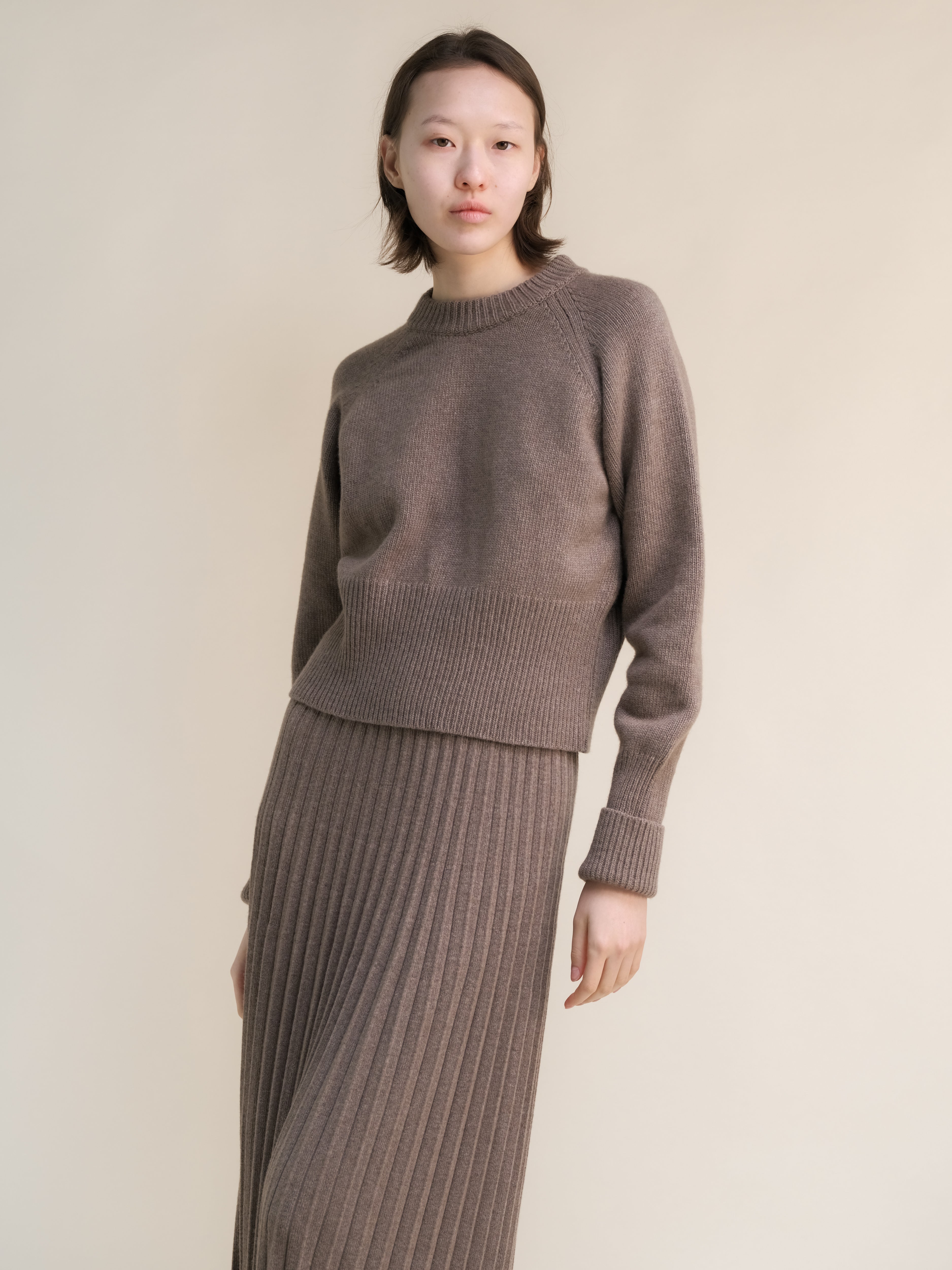 Cashmere-Mix Roll-Up Cuff Crewneck