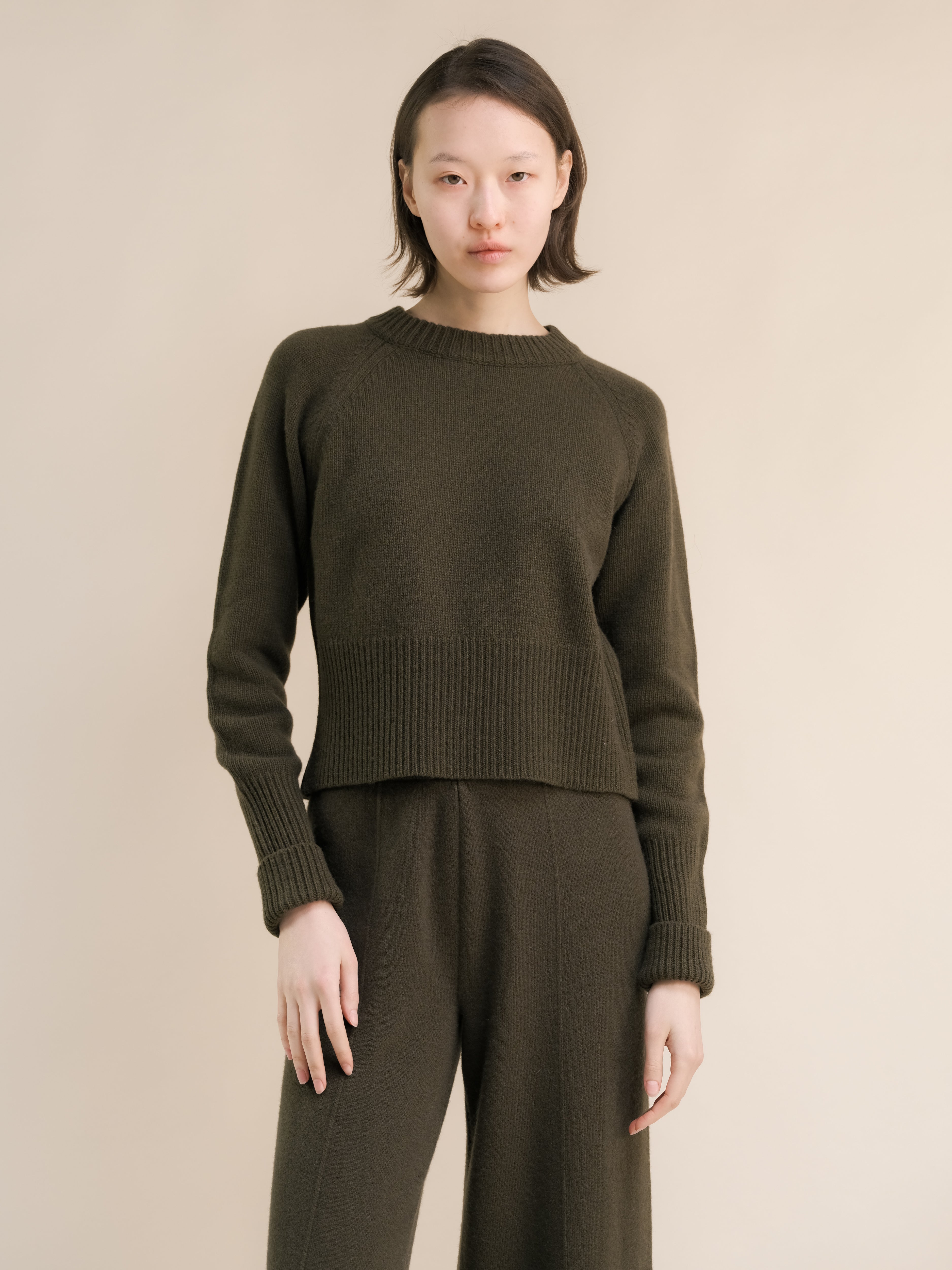 Cashmere-Mix Roll-Up Cuff Crewneck