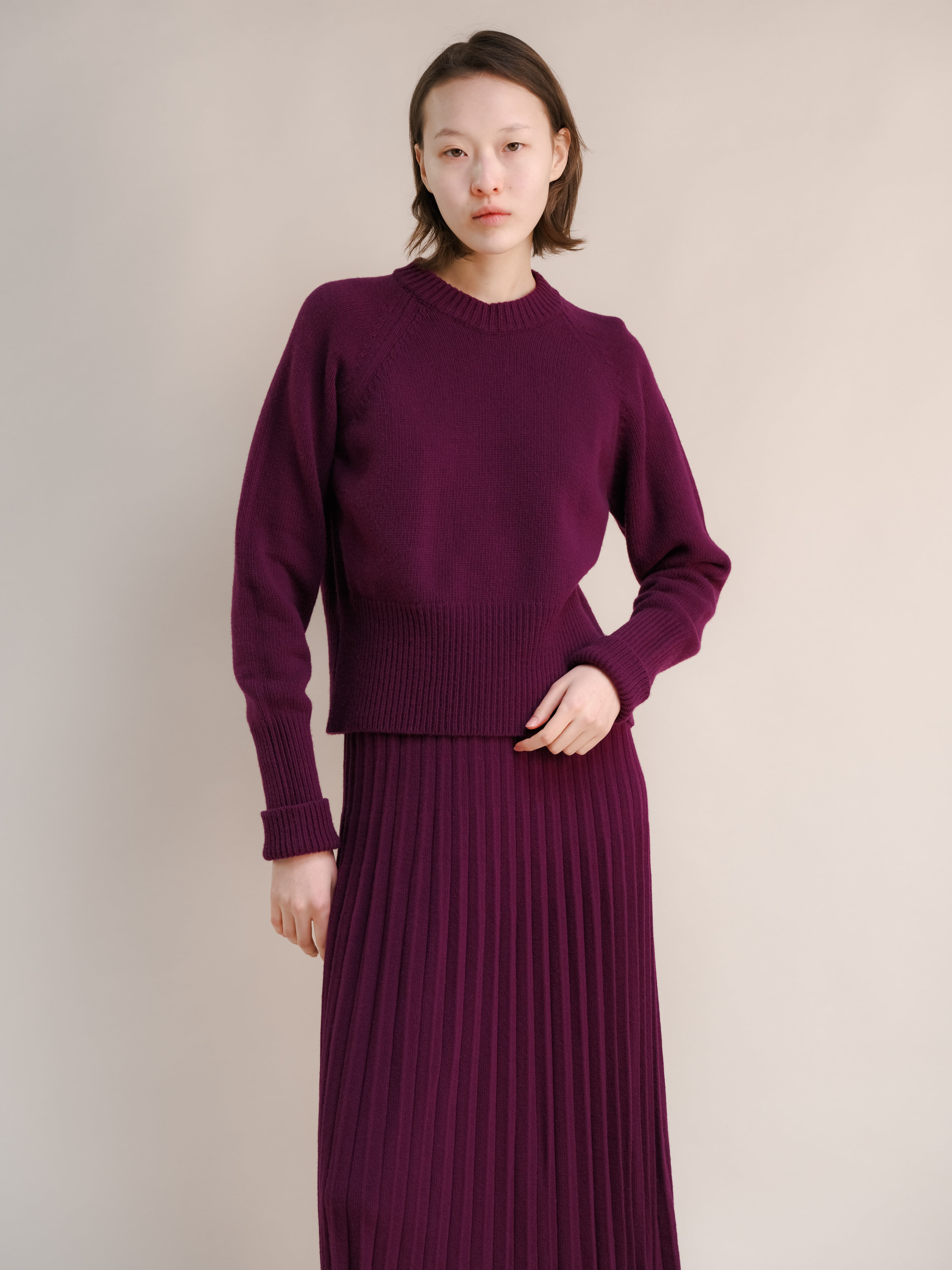 Cashmere-Mix Roll-Up Cuff Crewneck