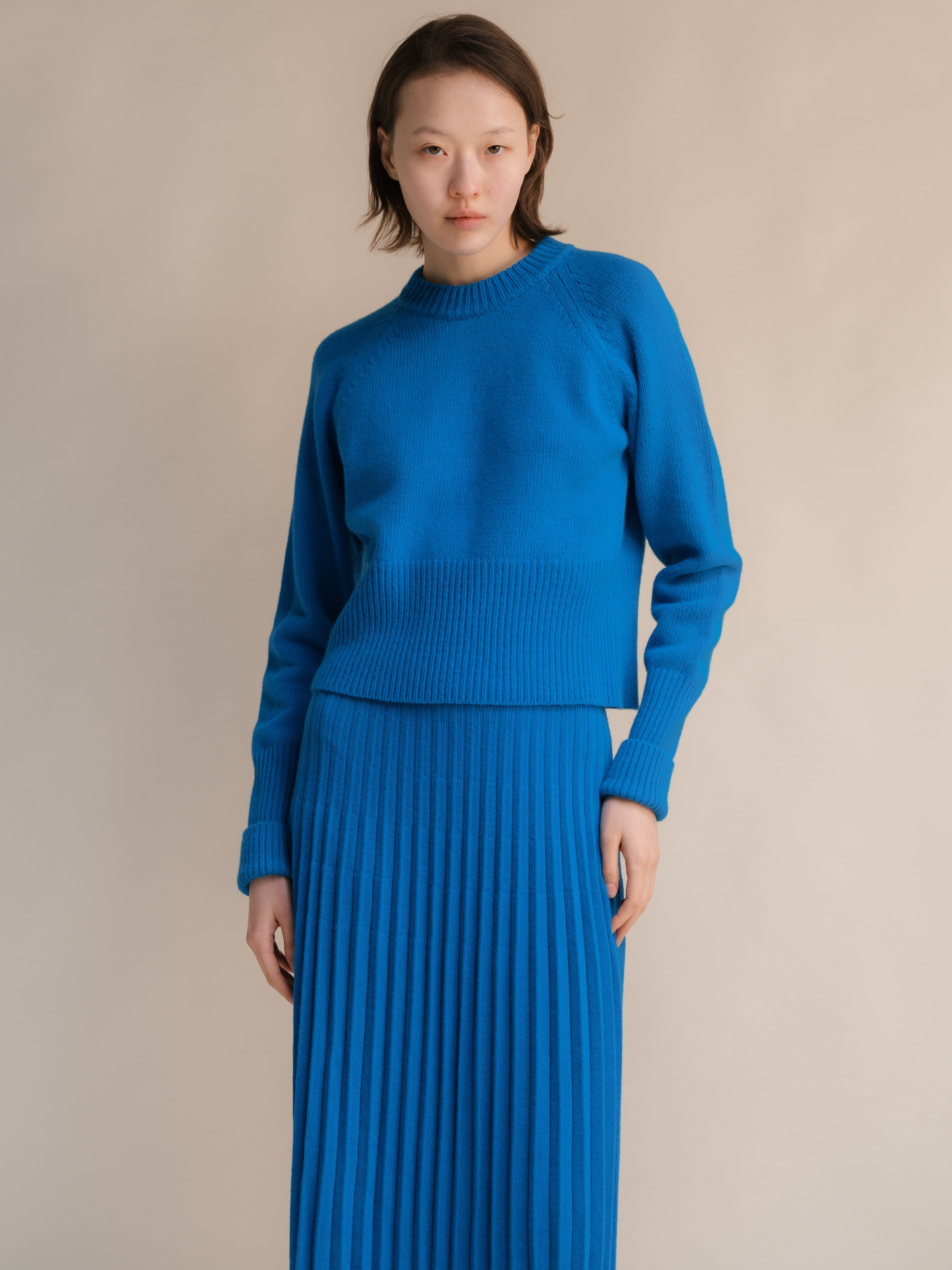 Cashmere-Mix Roll-Up Cuff Crewneck