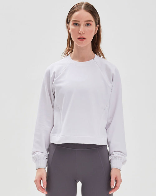City Zip Crop Crew Sweatshirt in Brilliant White — front view