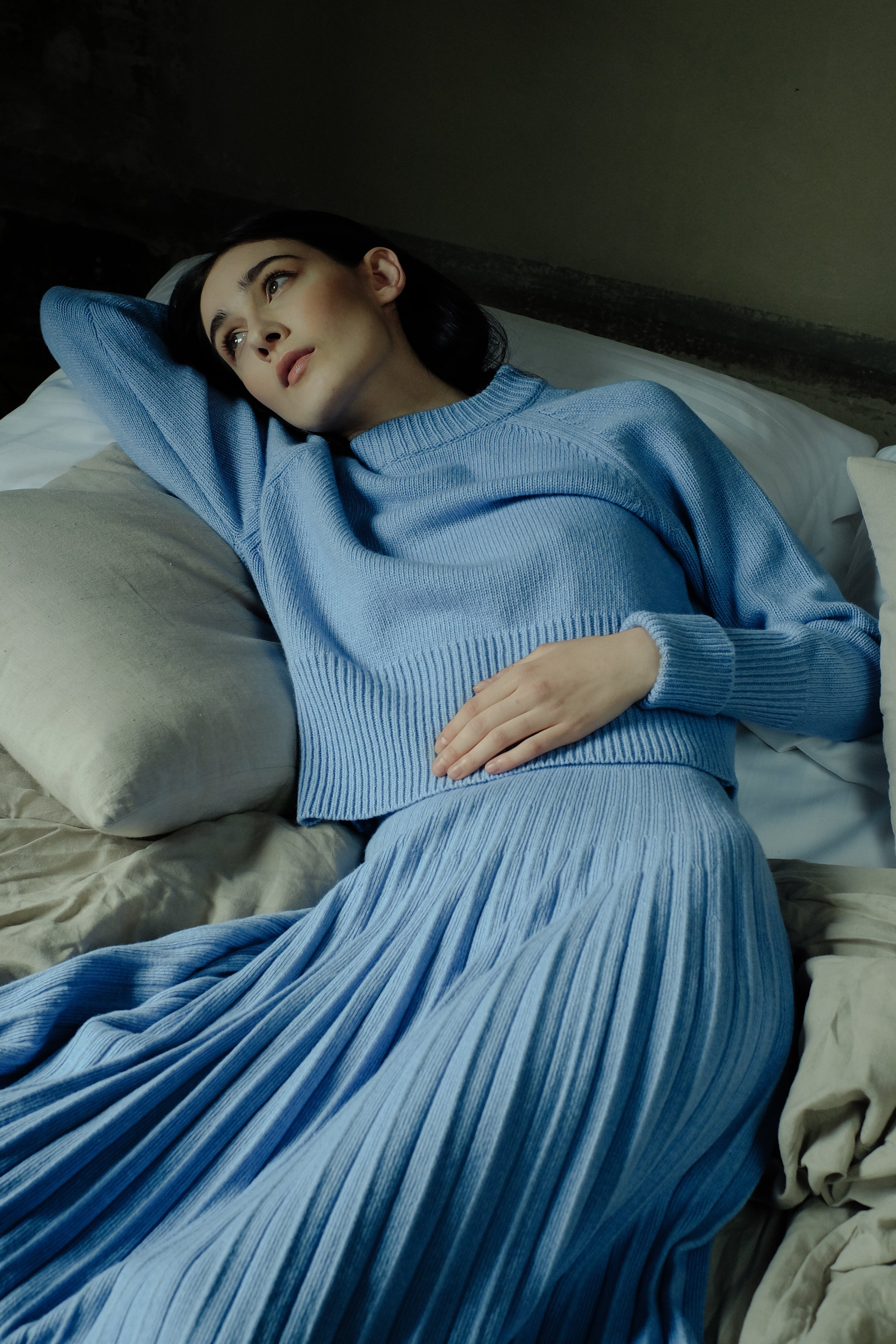 Cashmere-Mix Roll-Up Cuff Crewneck