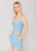 Breeze Flex Shorts in Sky Blue — front view, sports bra and shorts set