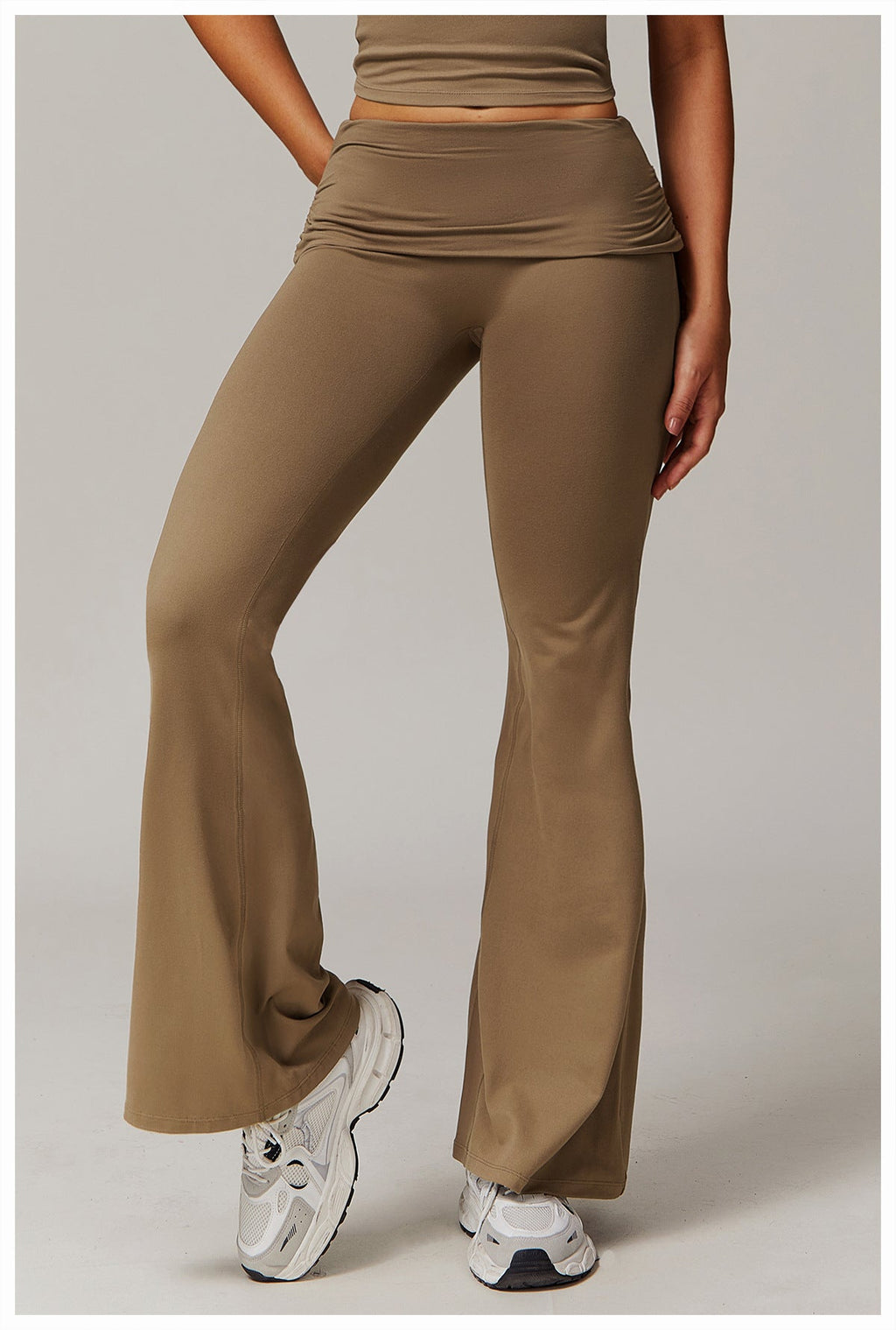 Brushed Foldover High-Waist Ruched Flared Yoga Pants-1