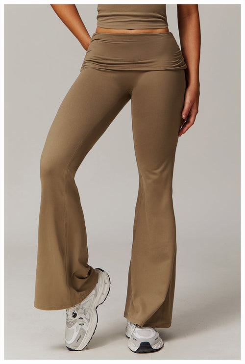 Brushed Foldover High-Waist Ruched Flared Yoga Pants-1