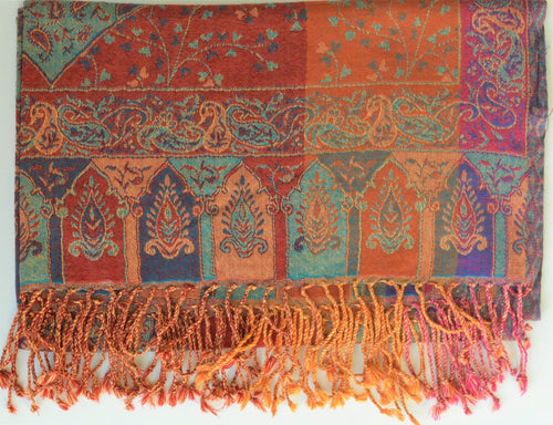 Artisan Paisley Jamavar Handwoven Shawl in Multicolor — draped full view
