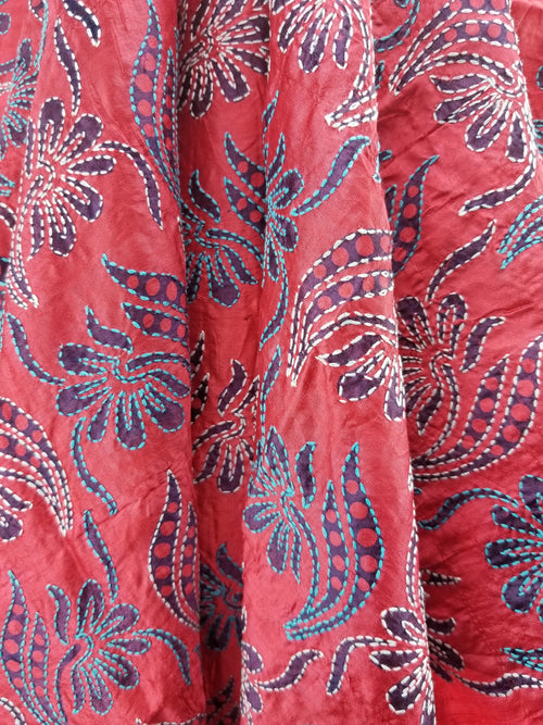 Artisan Hand-Embroidered Indian Silk Fabric in Red — full panel detail