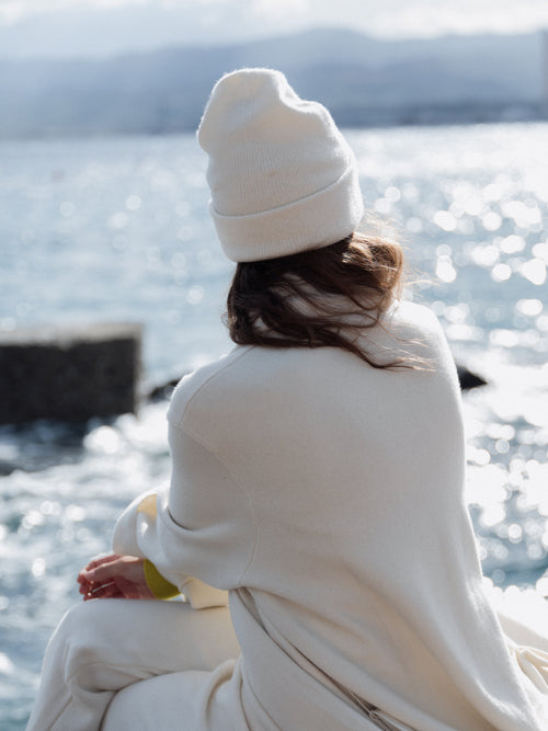 Cashmere-Mix Double-Knit Beanie in Natural White — front view