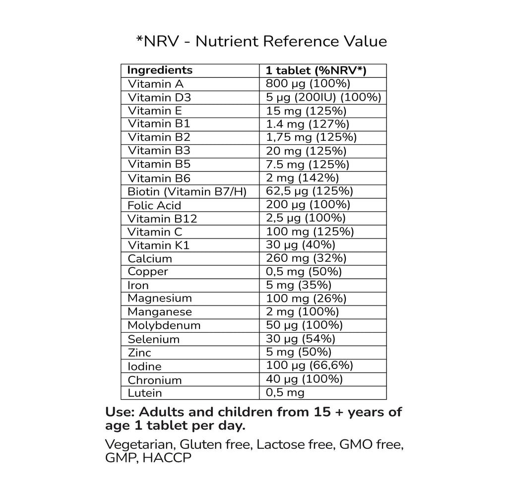 Nutrient reference value chart for a dietary supplement with detailed ingredient list and usage instructions.