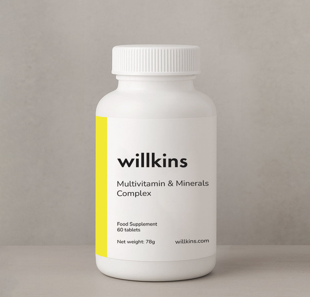 White bottle of Willkins Multivitamin & Minerals Complex on a gray background