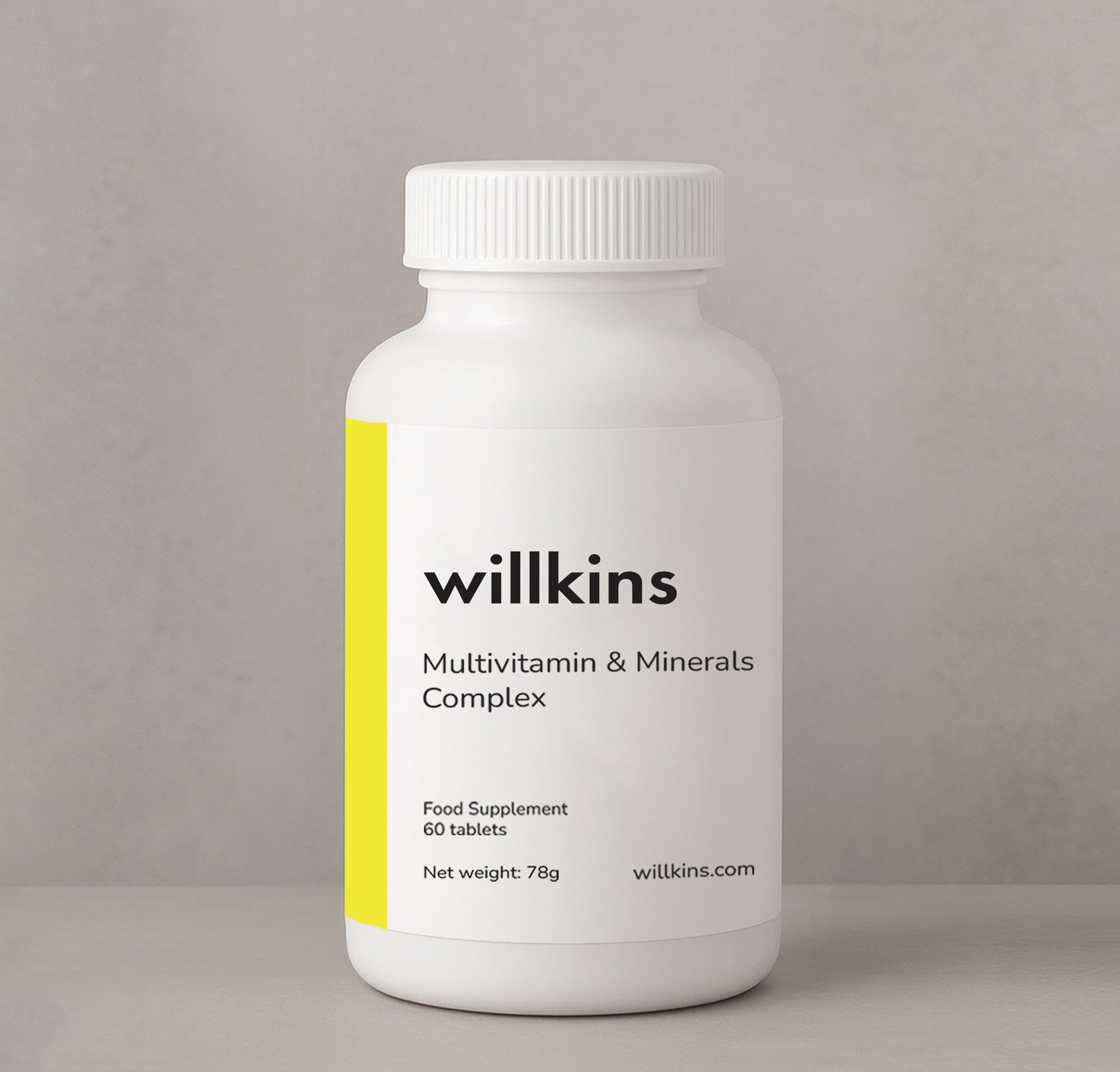 White bottle of Willkins Multivitamin & Minerals Complex on a gray background