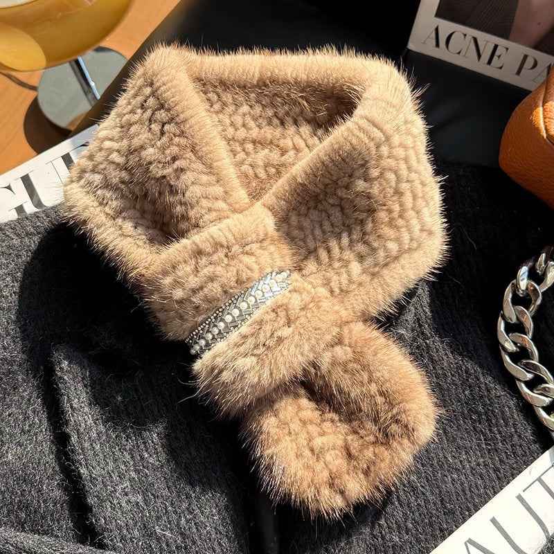 Autumn and Winter Warm Double-sided Woven Rhinestone Mink Fur Versatile Temperament Scarf