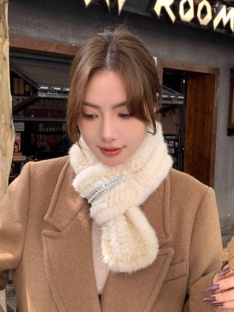Autumn and Winter Warm Double-sided Woven Rhinestone Mink Fur Versatile Temperament Scarf