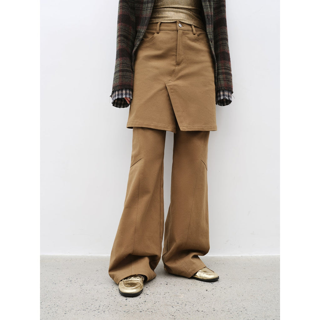 Retro Split Design Fake Two-piece Twill Brushed Slightly Flared Slim Jeans