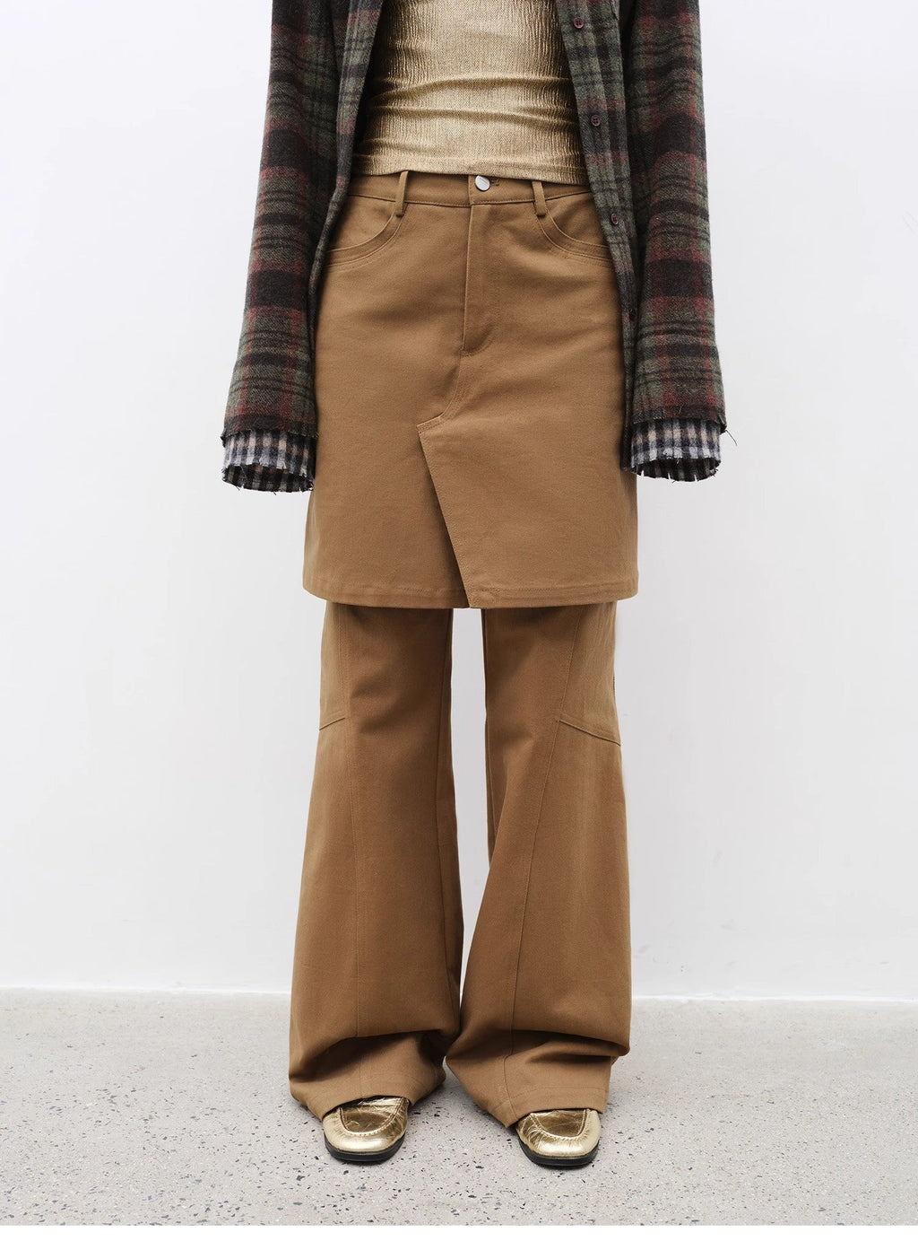 Retro Split Design Fake Two-piece Twill Brushed Slightly Flared Slim Jeans
