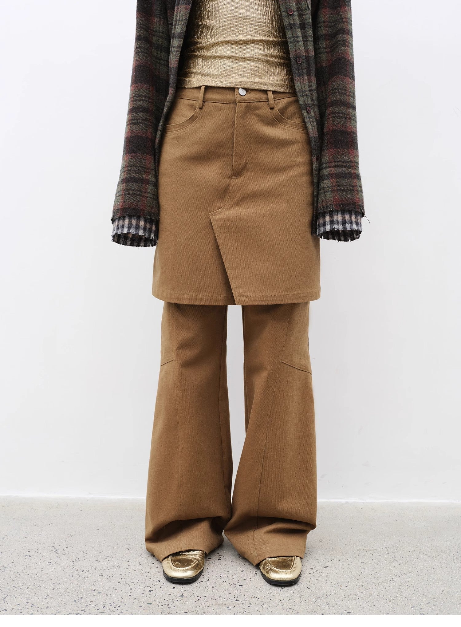 Retro Split Design Fake Two-piece Twill Brushed Slightly Flared Slim Jeans