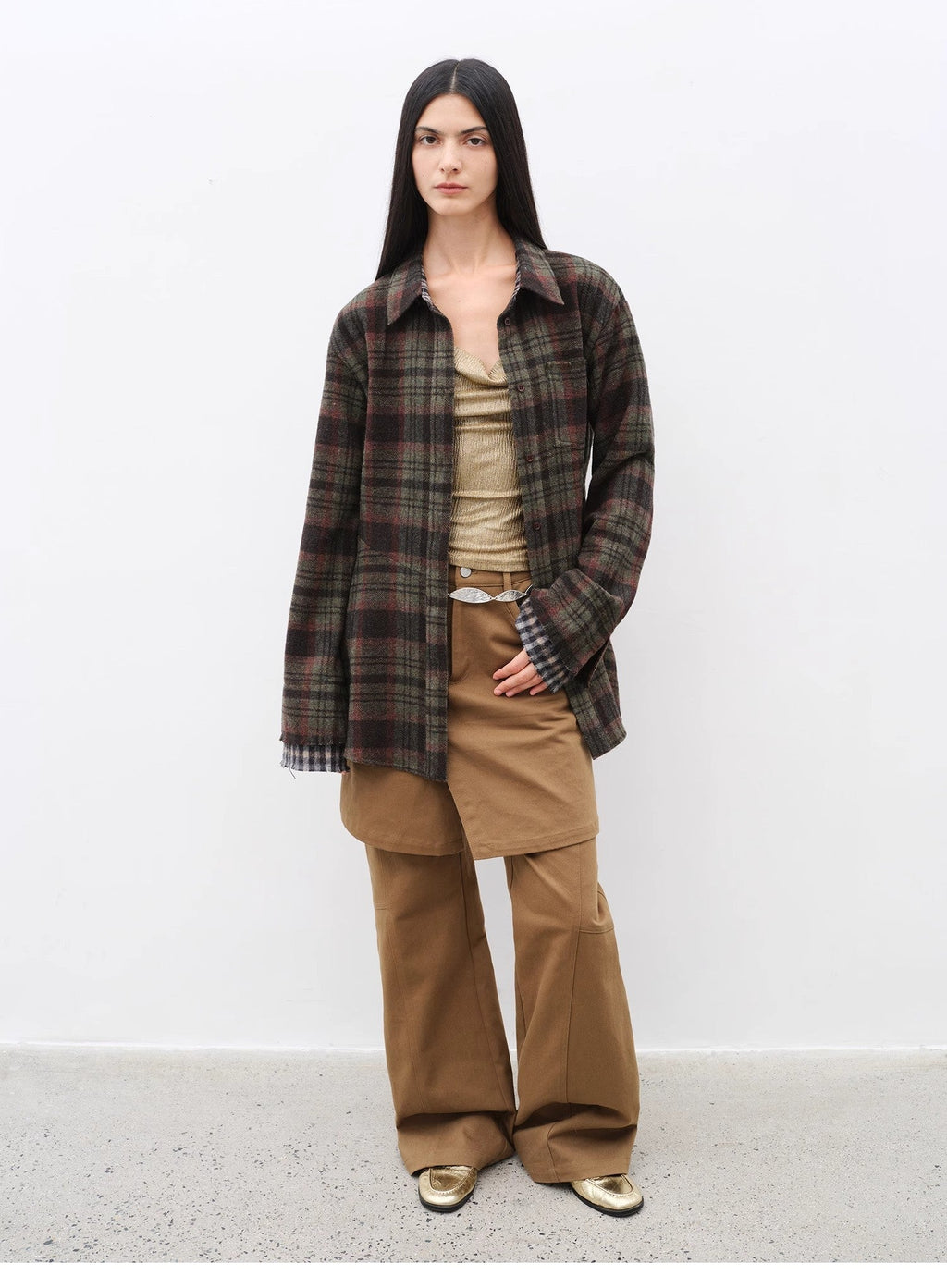 Retro Split Design Fake Two-piece Twill Brushed Slightly Flared Slim Jeans