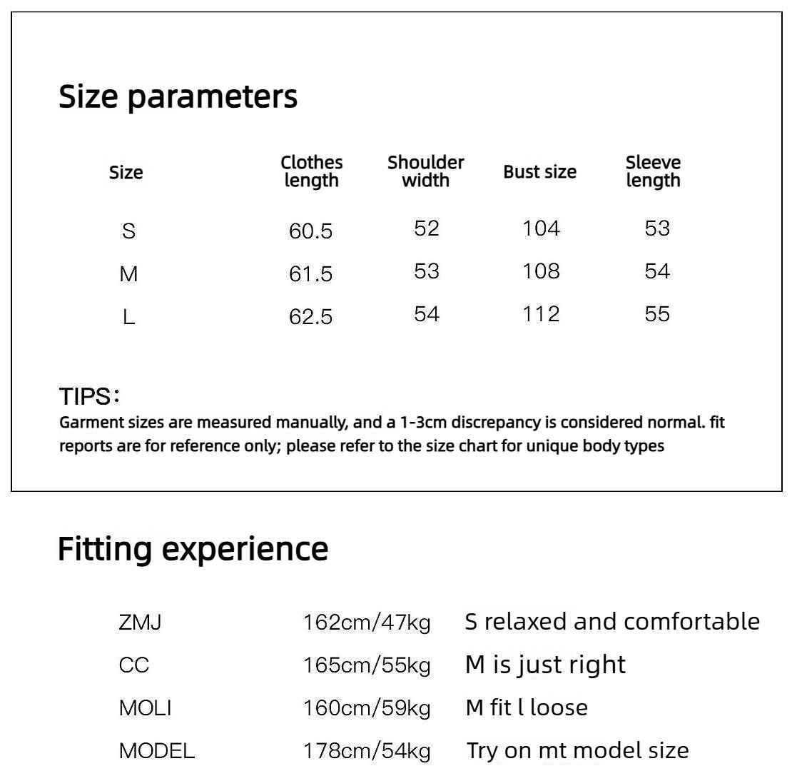 Size chart and fitting experience details for clothing measurements.