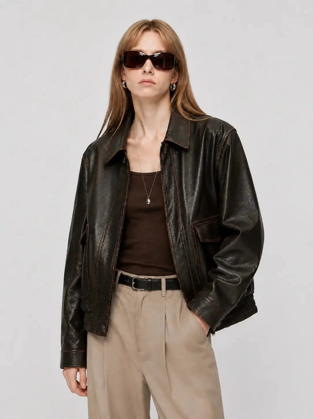 Firelady Fur Women's Vintage Brown Aviator Style Leather Jacket
