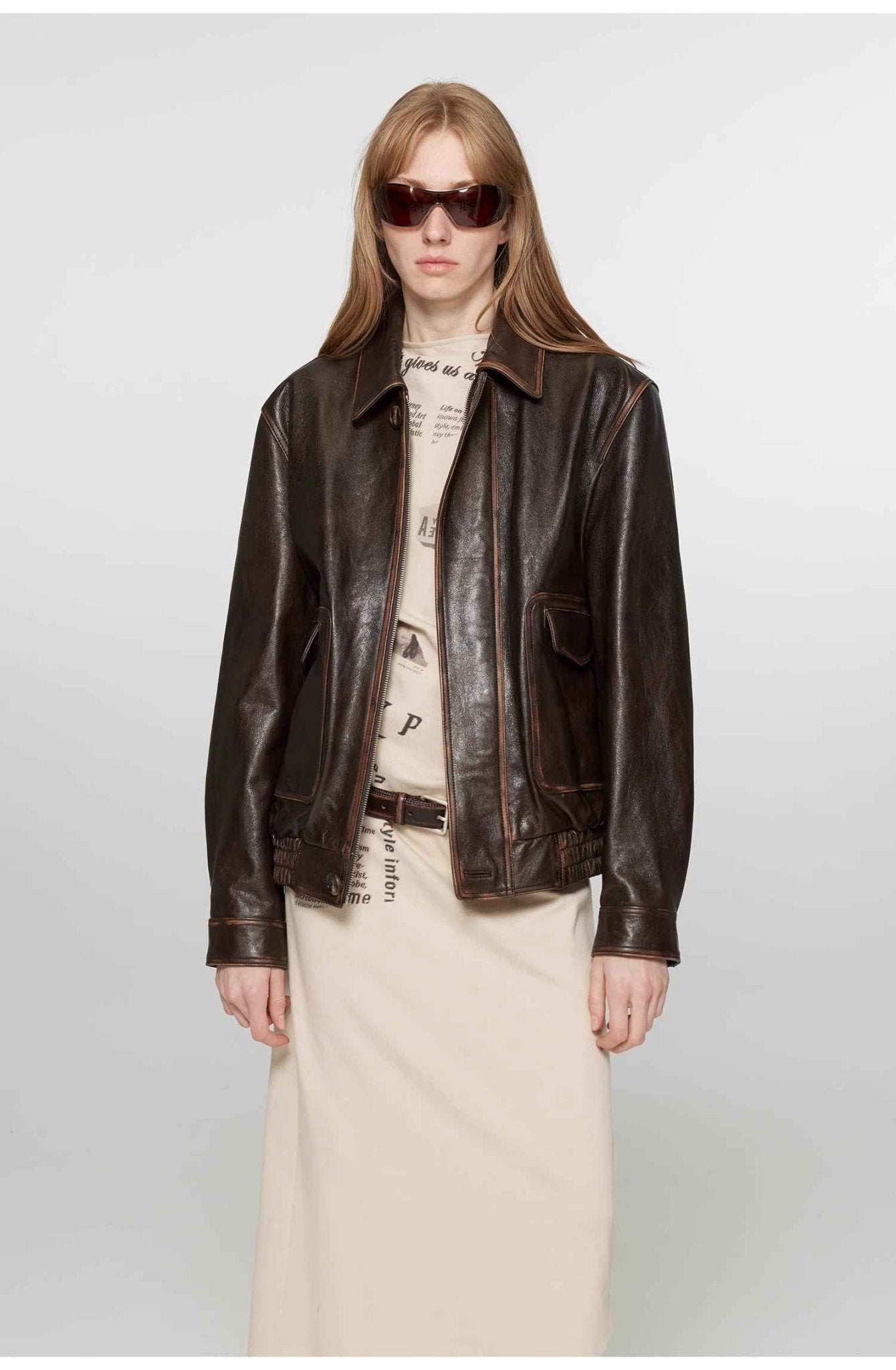 Firelady Fur Women's Vintage Brown Aviator Style Leather Jacket