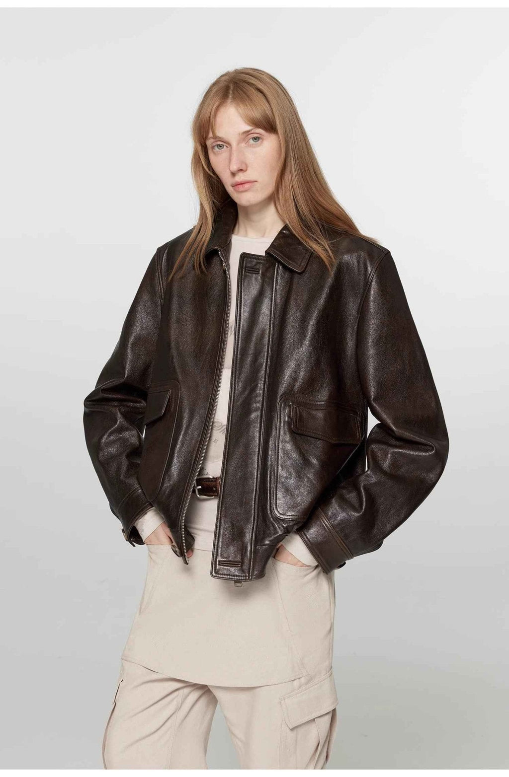 Firelady Fur Women's Vintage Brown Aviator Style Leather Jacket