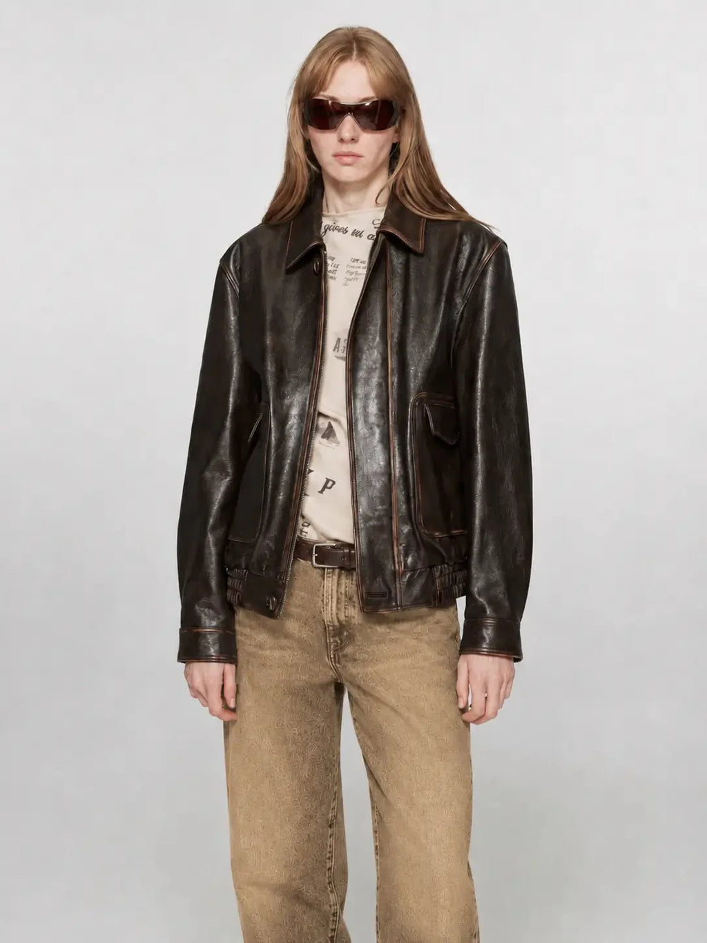 Firelady Fur Women's Vintage Brown Aviator Style Leather Jacket