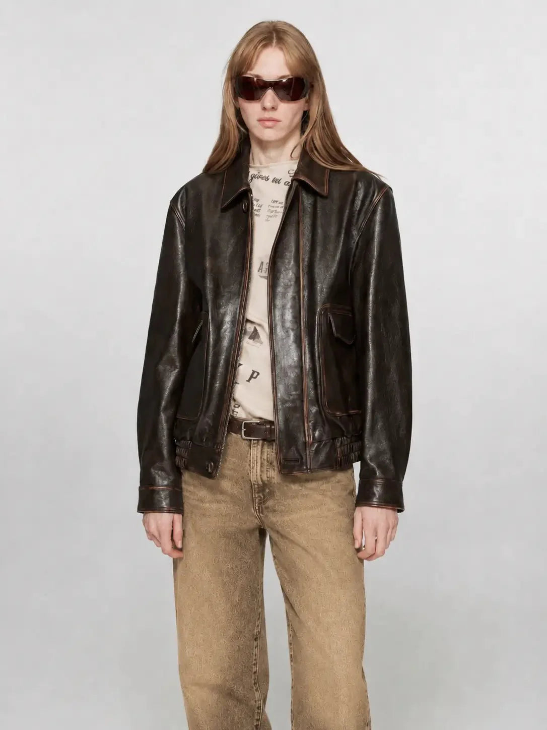 Firelady Fur Women's Vintage Brown Aviator Style Leather Jacket