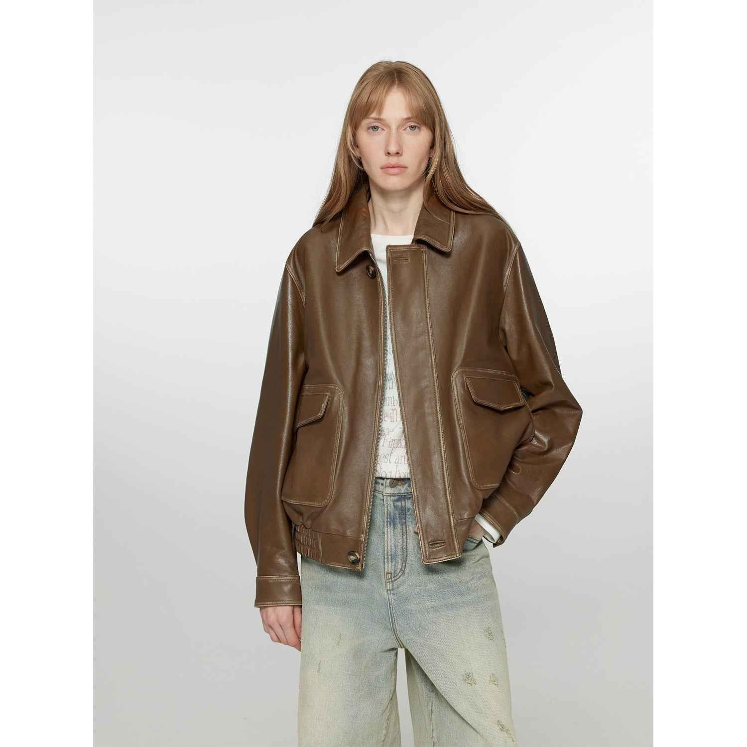 Firelady Fur Women's Vintage Brown Aviator Style Leather Jacket