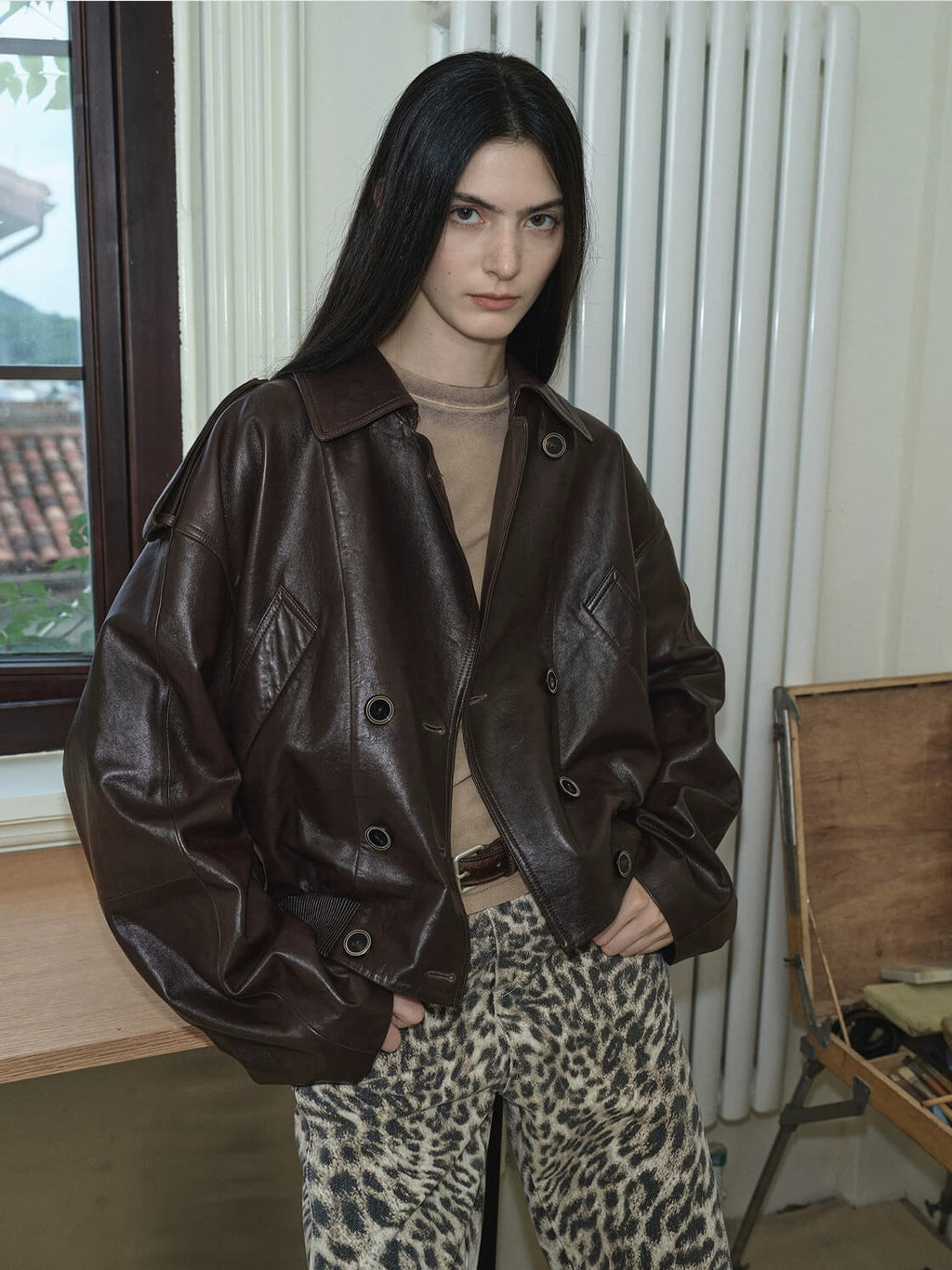 Firelady Fur Women's Vintage Waxed Lambskin Trench Style Bomber Leather Jacket