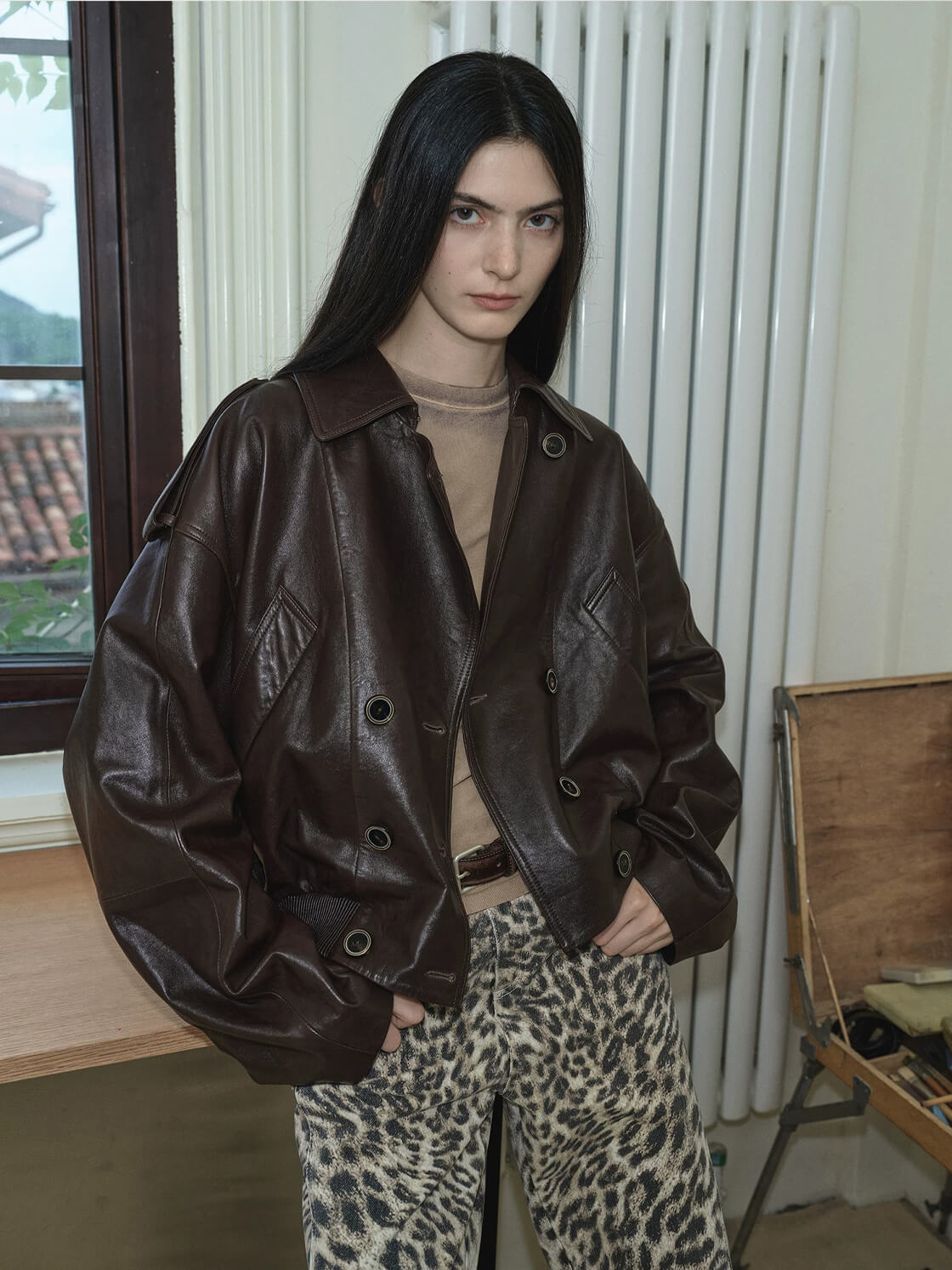 Firelady Fur Women's Vintage Waxed Lambskin Trench Style Bomber Leather Jacket