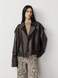 Firelady Fur Women's Vintage Waxed Lambskin Trench Style Bomber Leather Jacket
