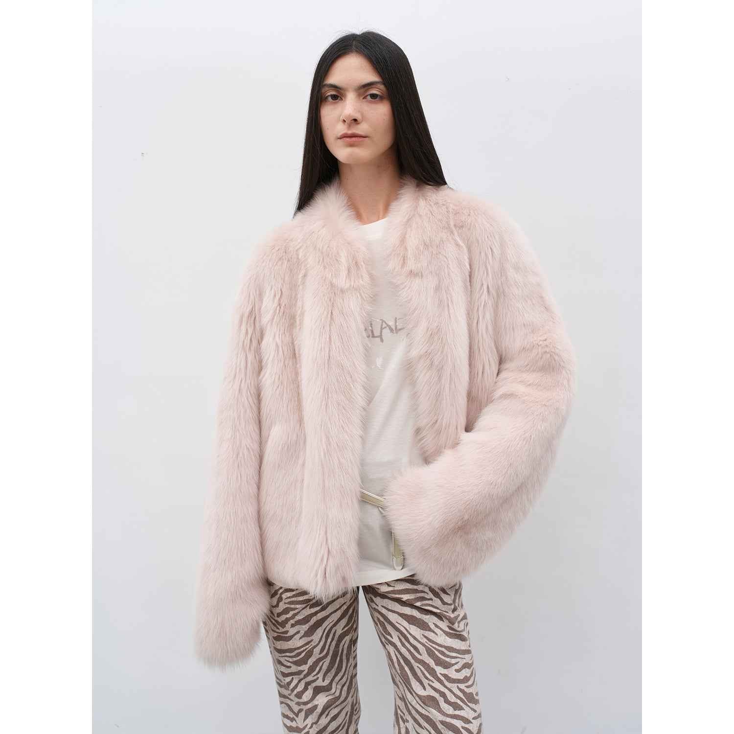 Fireladyfur Women's Casual Drop Shoulder Stand Collar Sheepskin Coat
