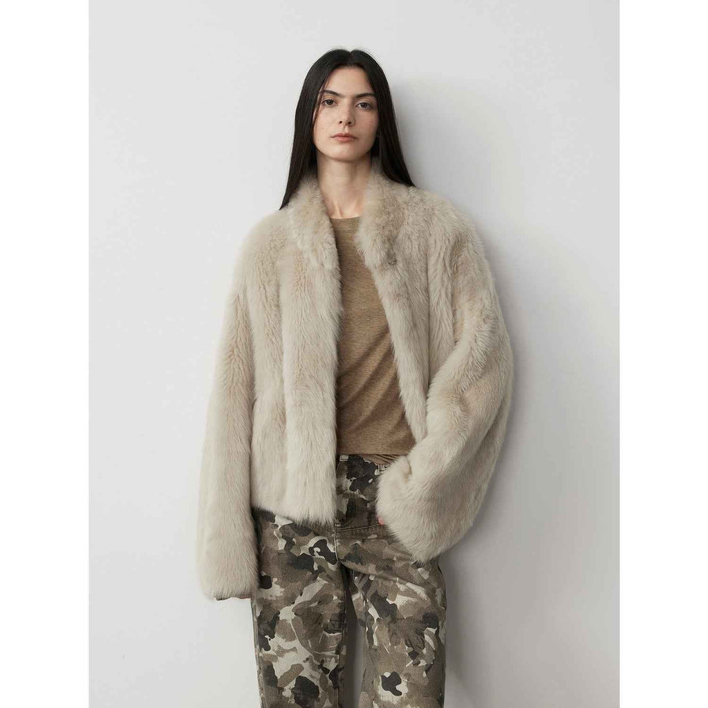 Fireladyfur Women's Casual Drop Shoulder Stand Collar Sheepskin Coat