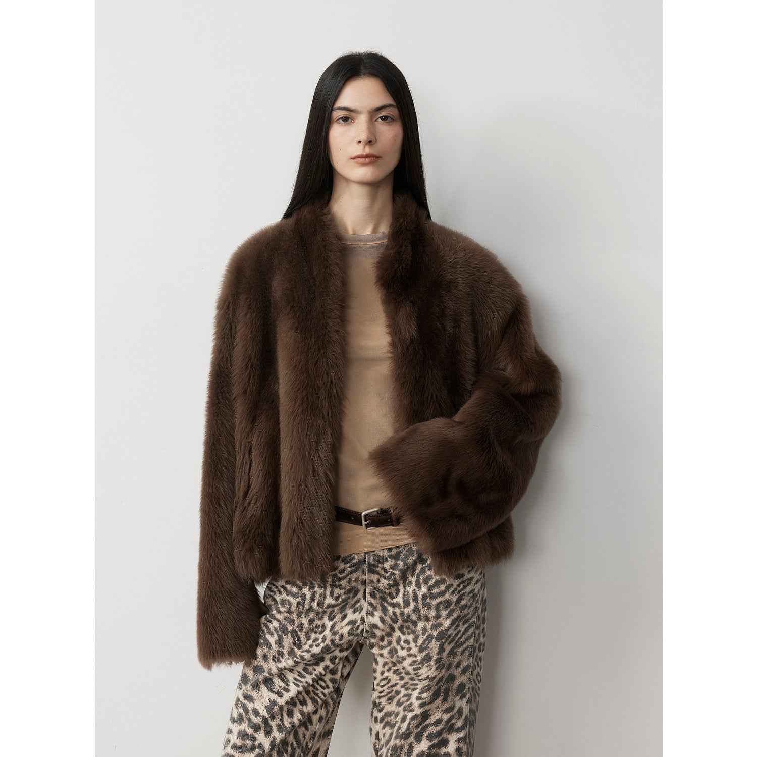 Fireladyfur Women's Casual Drop Shoulder Stand Collar Sheepskin Coat