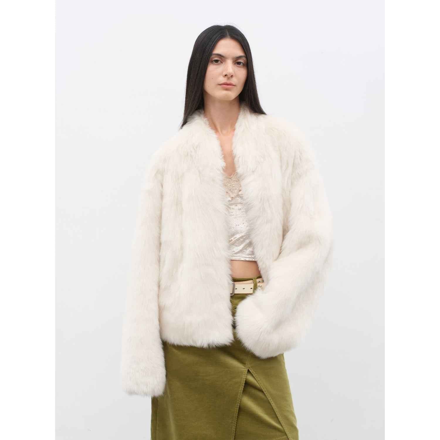 Fireladyfur Women's Casual Drop Shoulder Stand Collar Sheepskin Coat