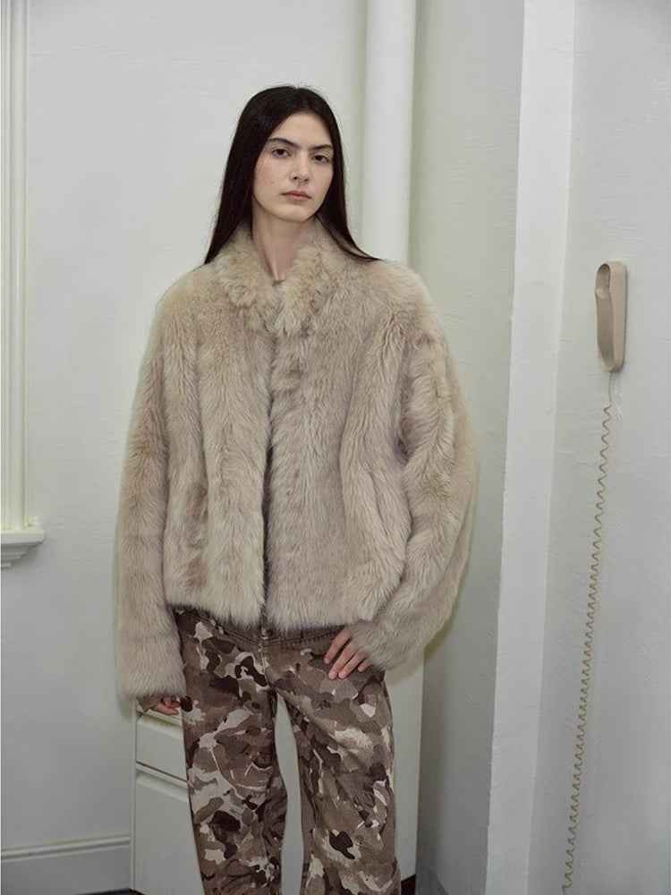 Fireladyfur Women's Casual Drop Shoulder Stand Collar Sheepskin Coat