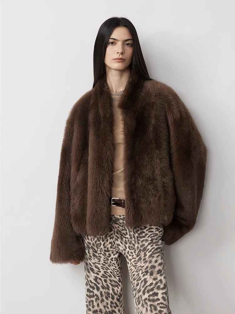 Fireladyfur Women's Casual Drop Shoulder Stand Collar Sheepskin Coat