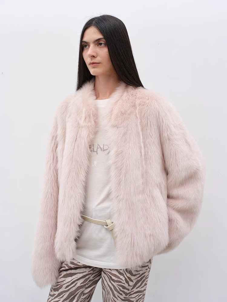 Fireladyfur Women's Casual Drop Shoulder Stand Collar Sheepskin Coat