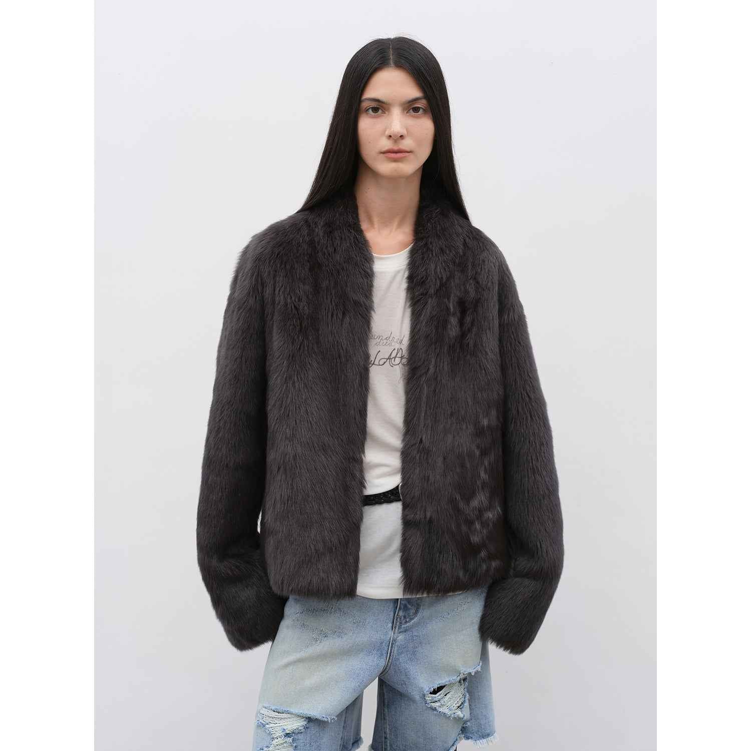 Fireladyfur Women's Casual Drop Shoulder Stand Collar Sheepskin Coat