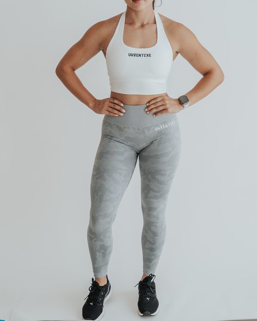 Camo Print Seamless Active Leggings in Light Gray — front view