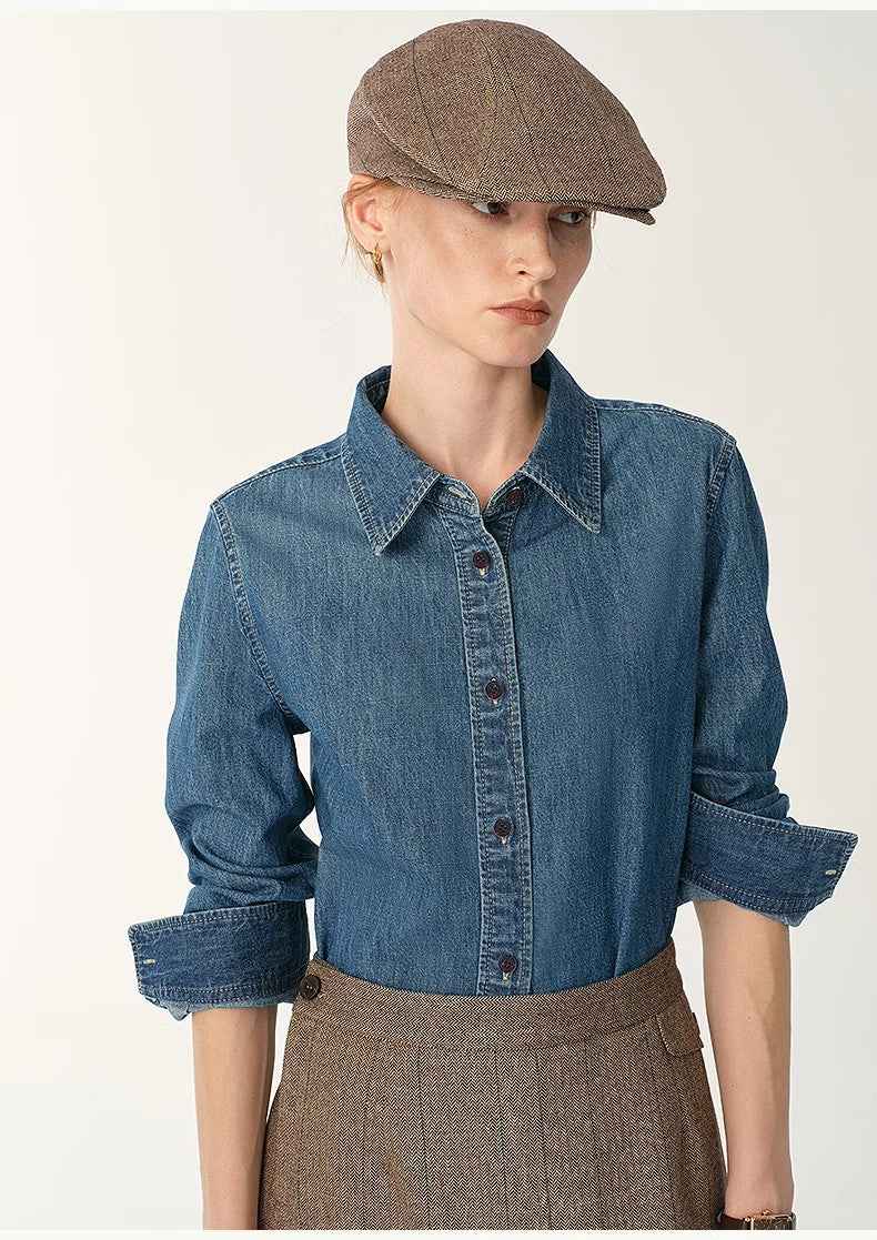 Italian Imported BERTO Denim Classic Old Money Style Lapel Shirt for Women