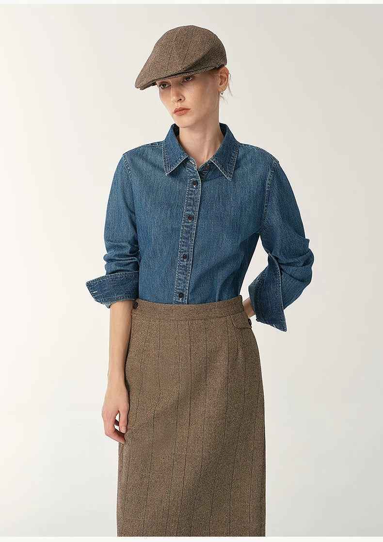 Italian Imported BERTO Denim Classic Old Money Style Lapel Shirt for Women