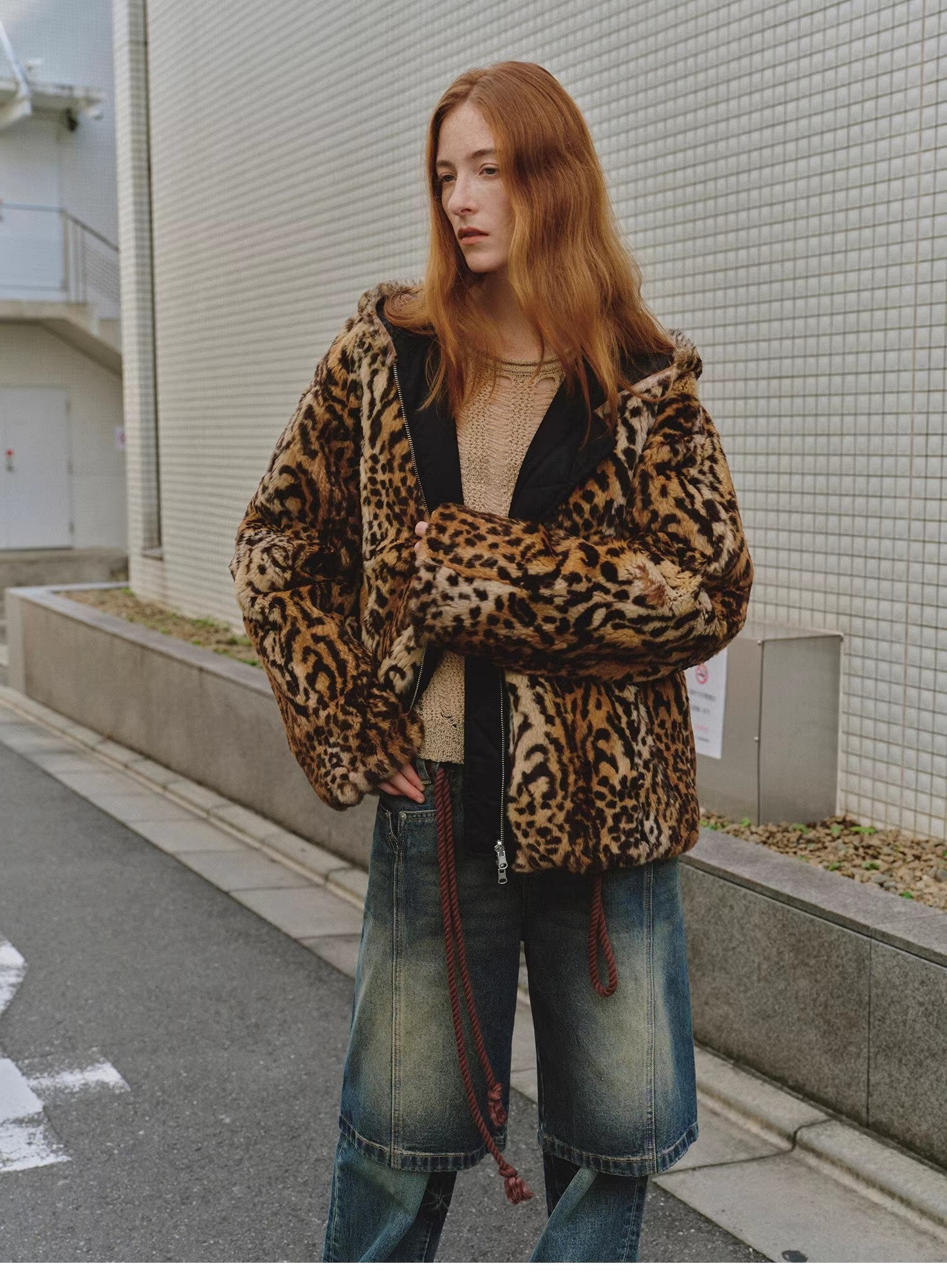 Leopard Spot Print Reversible Drop Shoulder Hooded Custom Rabbit Fur Coat