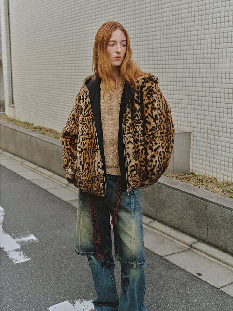 Leopard Spot Print Reversible Drop Shoulder Hooded Custom Rabbit Fur Coat